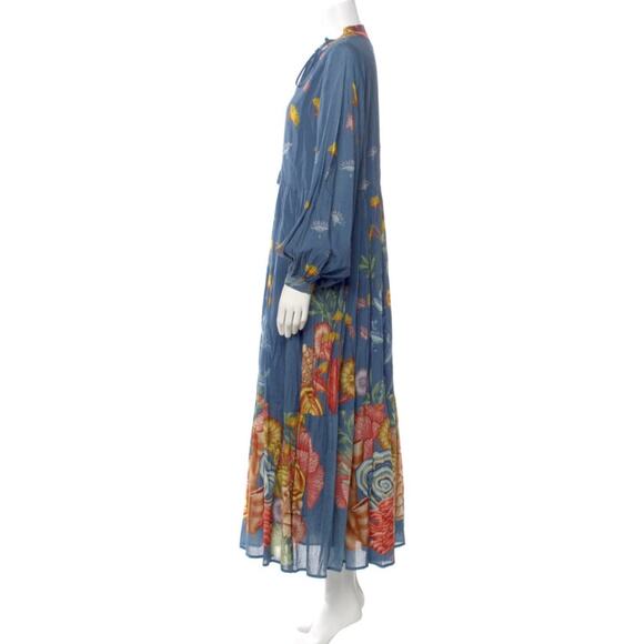 Carolina K Maxi Dress Blue Floral Prints Button Front Size S Long Puff Sleeves - Picture 2 of 11
